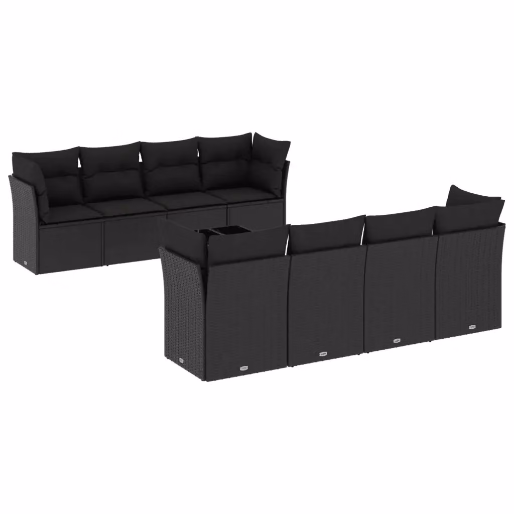 vidaXL Set Divani da Giardino a L 9 pz con Tavolino e Cuscini Neri in Polyrattan e Acciaio – 2