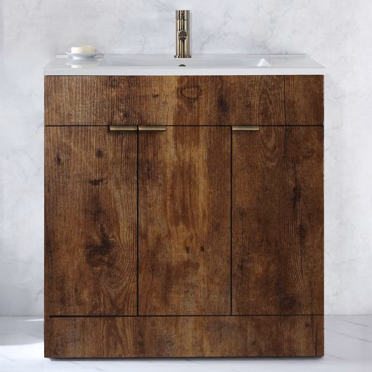 Mobile Bagno a Terra Rovere Scuro da 810mm con Lavabo e Maniglie con Impugnatura a Dito in Ottone Spazzolato - Cluo