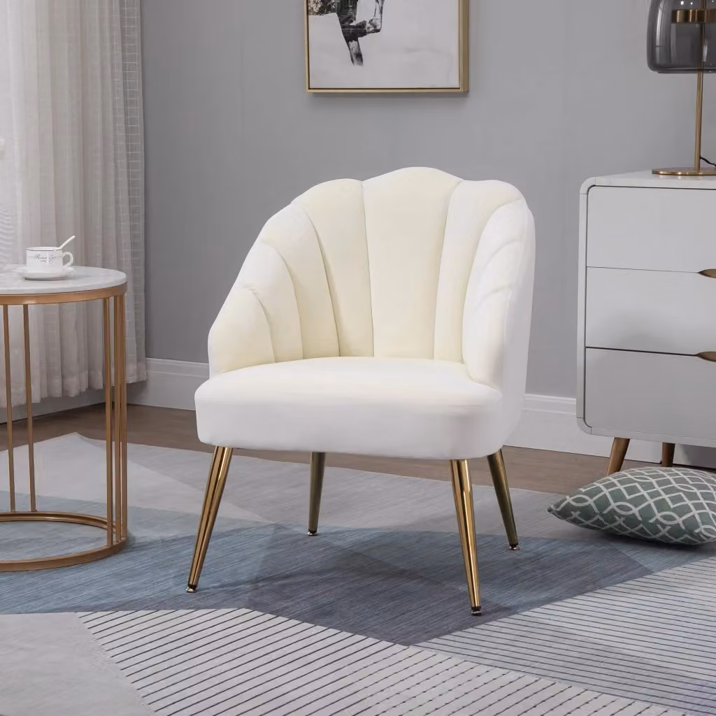 EasyComfort Poltrona in Velluto con Schienale a Conchiglia e Gambe in Metallo, L: 63 cm, P: 65 cm, H: 84 cm, Bianco e Oro – 2