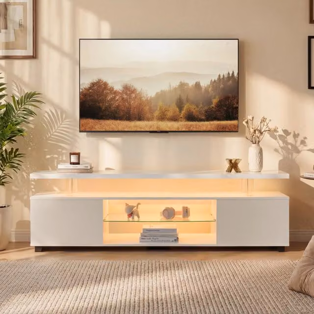 Mobile TV Zephmum Bianco Moderno con Illuminazione Integrata e Armadietto Laterale L/P/H: 130 x 40 x 48 cm