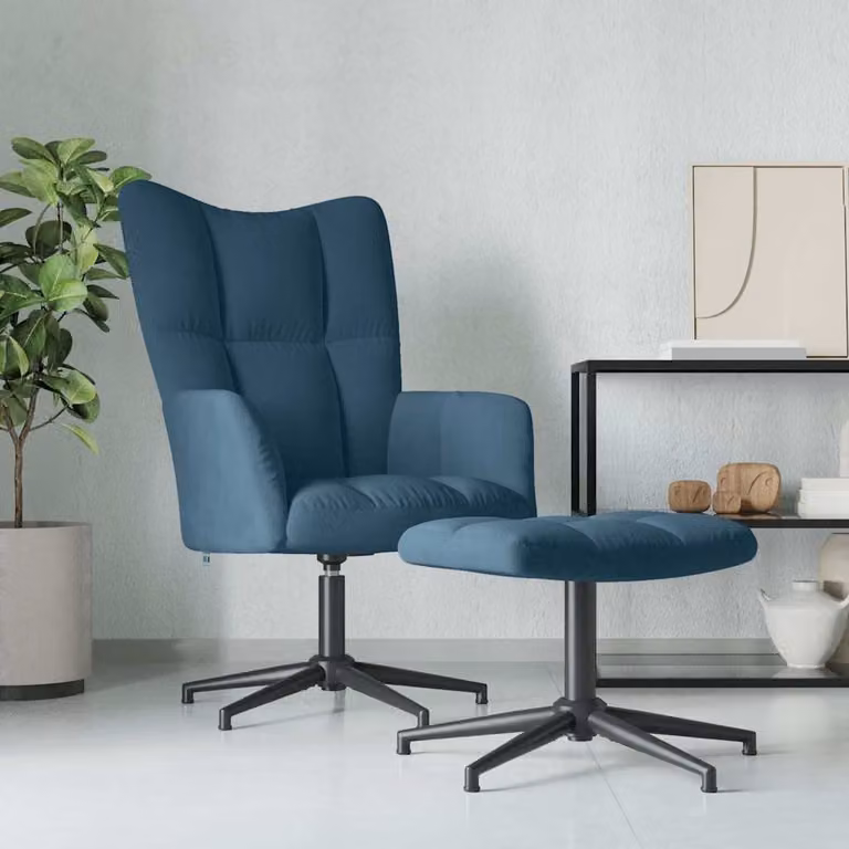 vidaXL Poltrona Relax con Poggiapiedi Blu in Velluto con Struttura in Metallo e Sedia Girevole a 360 Gradi