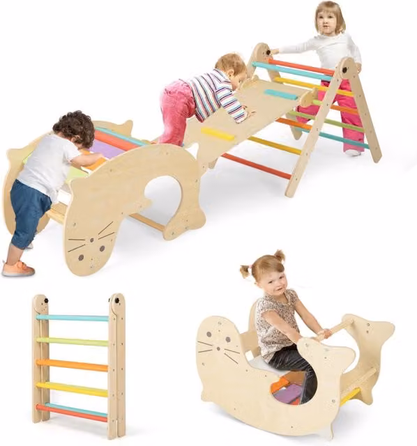 Set di arrampicata 3-in-1 Design Mania per bambini in legno multicolore con scivolo reversibile e dondolo pieghevole L/P/H: 135 x 77 x 135 cm