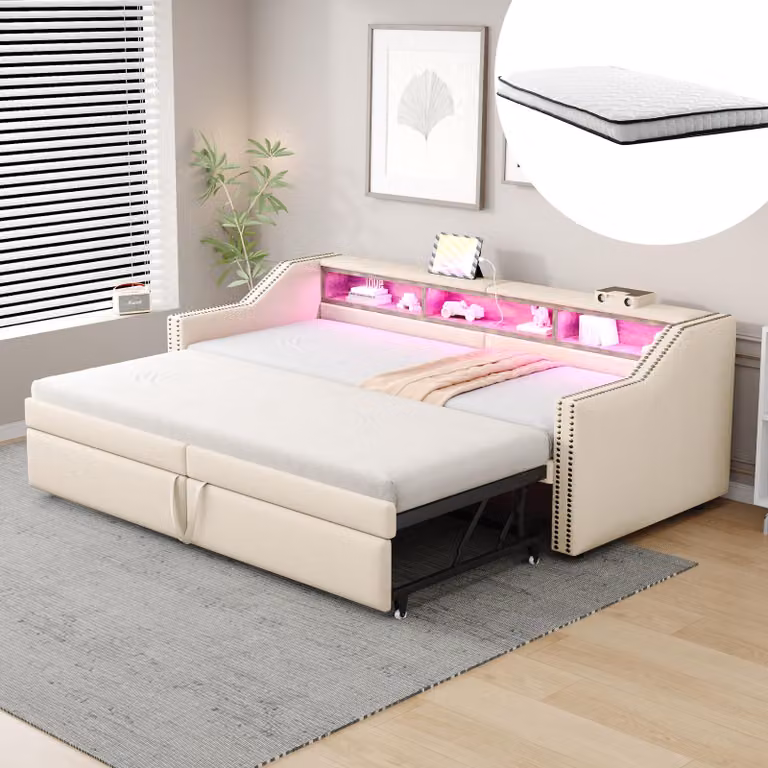 MODFU Divano letto allungabile daybed 90/180x200, letto imbottito daybed per bambini con vano contenitore multifunzionale, luce LED e presa USB, beige (con due materassi)