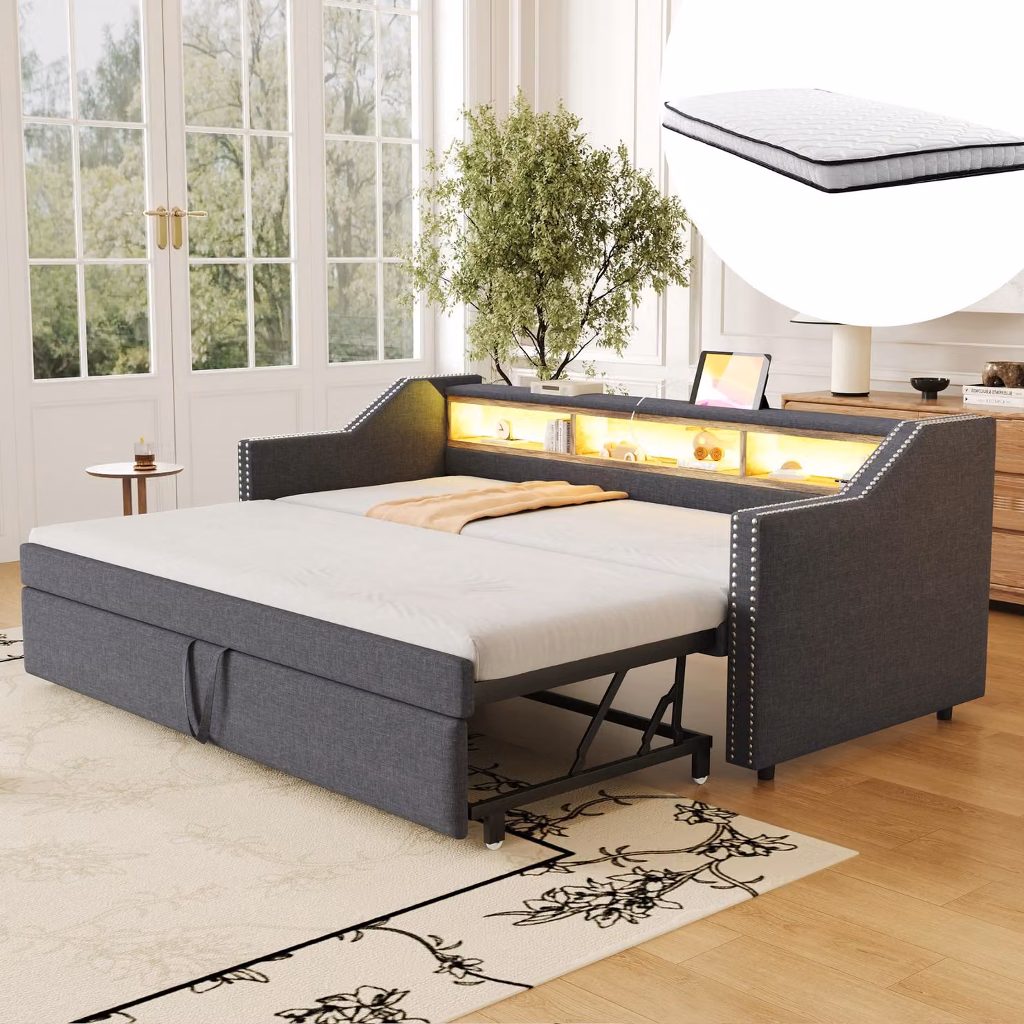 MODFU Divano letto allungabile daybed 90/180 x 190 cm, letto imbottito daybed per bambini con vano contenitore multifunzionale, luce LED e presa USB, grigio scuro (con due materassi)
