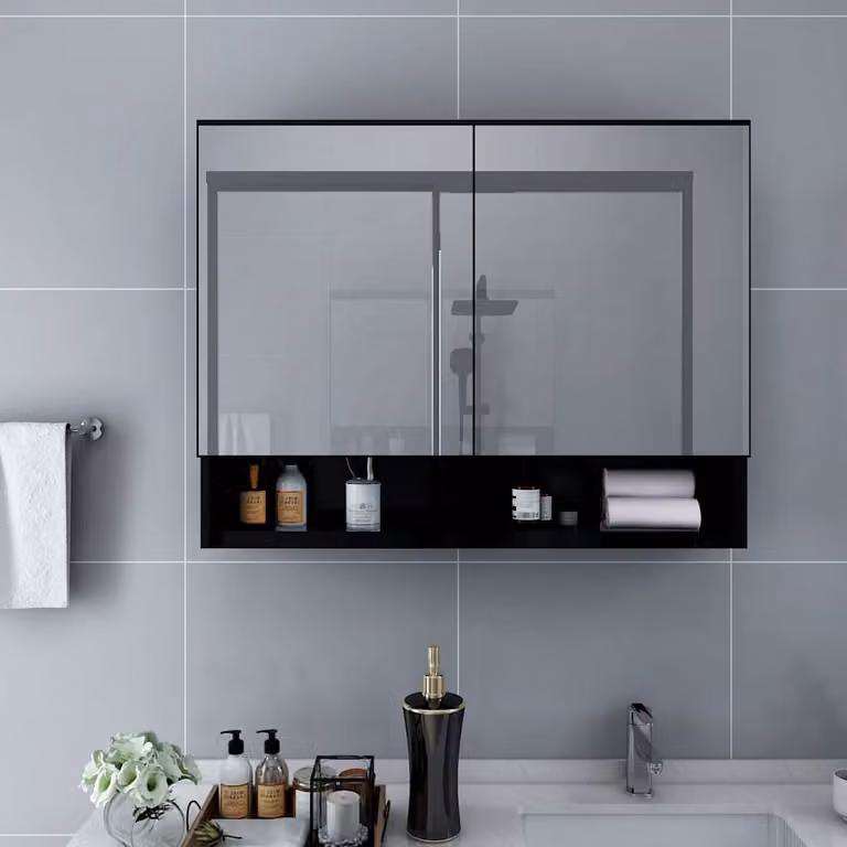 Armadietto a specchio con LED vidaXL nero con ripiani interni e ante a battente in MDF e vetro L: 80 cm, P: 15 cm, H: 60 cm