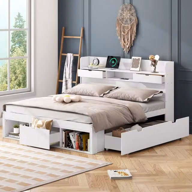 Letto doppio - Zephmum - 140x190cm - Bianco - USB, cassetti, armadio