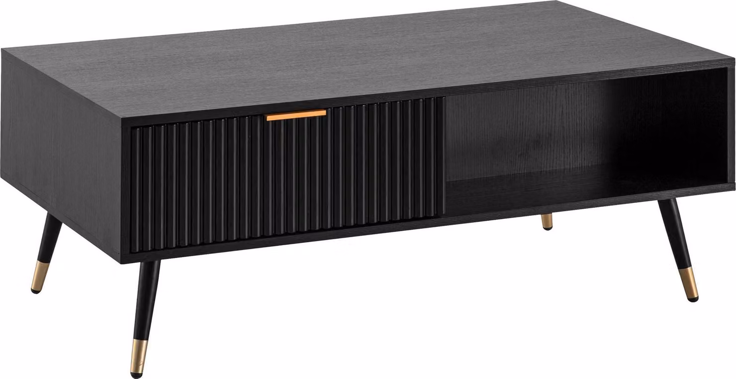 WOHNLING Tavolino 110x60x43 cm Nero con decoro in rovere Tavolo da soggiorno Tavolo rettangolare da divano con vano portaoggetti Tavolino con cassetti Tavolo da soggiorno