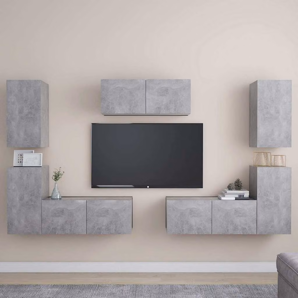 Set di mobili porta TV moderno vidaXL da 7 pezzi in legno e MDF, colore grigio cemento, con scomparti multimediali e montaggio a parete, L: 80 cm, P: 30 cm, H: 30 cm
