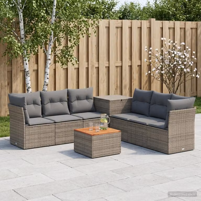 Set di divani da giardino vidaXL in polyrattan grigio con tavolo da caffè e cuscini inclusi