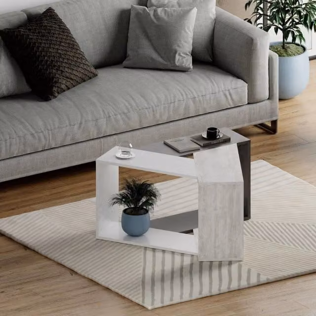 Tavolino da salotto Trio EFFEZETA moderno in composito colore cemento bianco e grigio con piani incastrabili