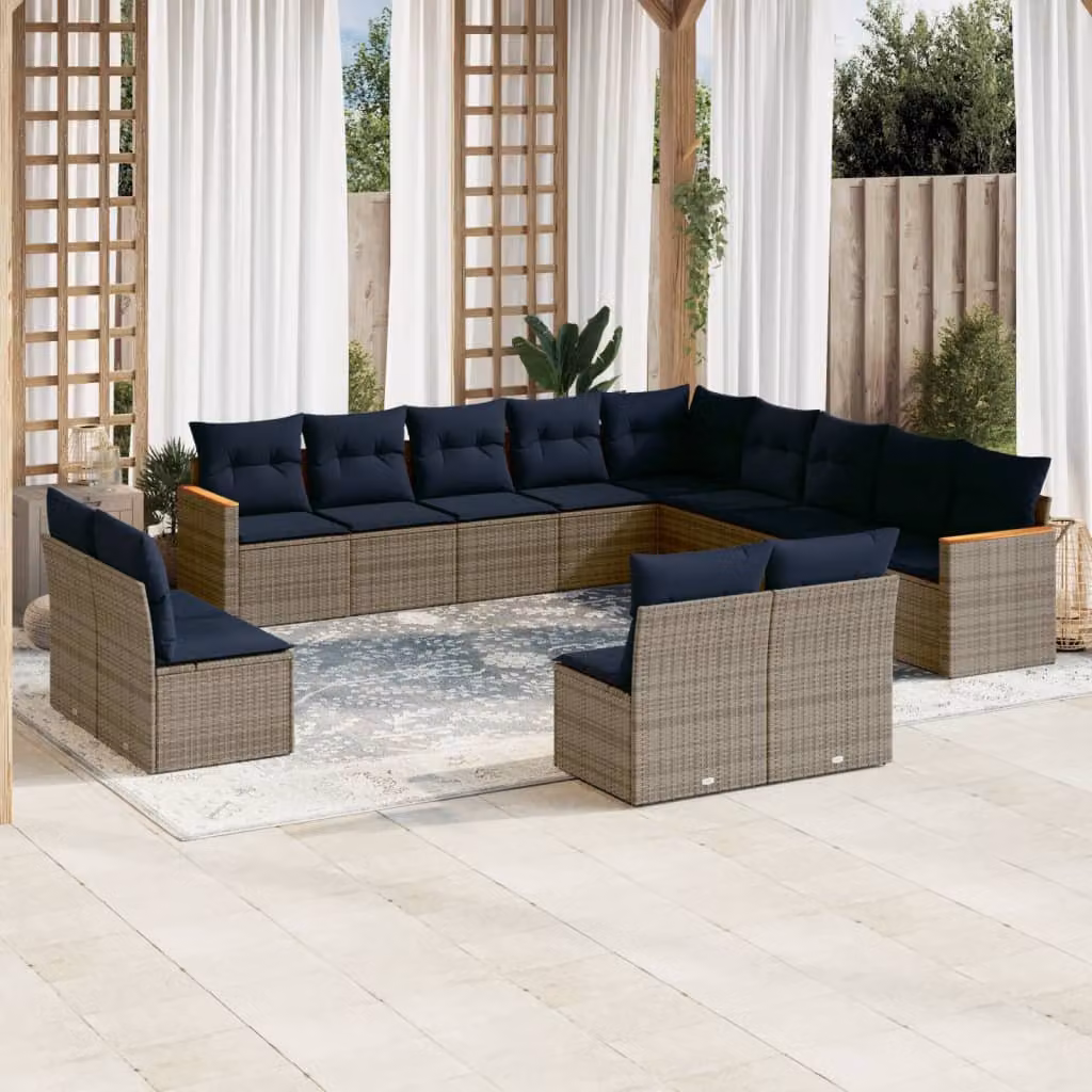 Set di divani da giardino vidaXL in rattan e metallo con cuscini, forma a U, colore grigio e blu