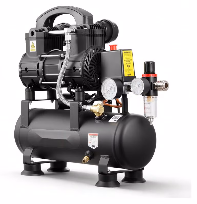 Compressore d'aria a pistoni – Compressore silenzioso senza olio – Motore da 0,75 kW – Serbatoio d'aria da 6 litri – Pressione massima di 8 bar – Capacità di aspirazione di 71 litri/min – Silenzioso, ideale per officine e uso domestico
