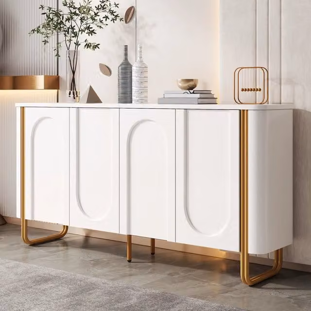 Desviae Credenza in MDF con 4 ante a rilievo ad arco push to open e piedini in ferro bianca per soggiorno 160 × 35 × 80,5 cm