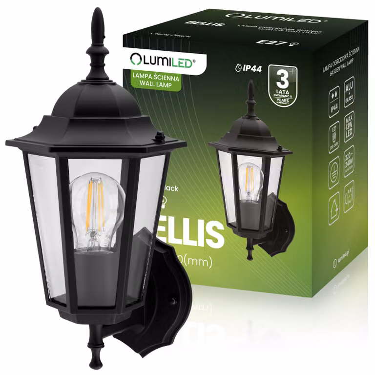LUMILED Lanterna da parete per esterni Vintage Up 230V Lampada da parete Classica Nero Vetro Alluminio IP44 Presa E27, Giardino Esterno Esterno