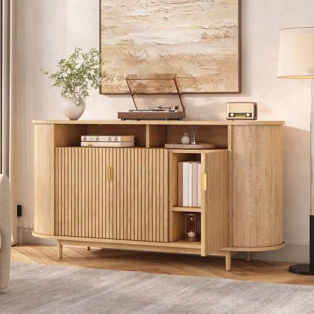 Credenza moderna a 3 ante in MDF e legno di pino, colore beige, L 140 cm x P 40 cm x H 78 cm