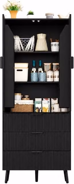 Credenza alta nera per cucina 75 x 35 x 180 cm; mobile dispensa con 2 ante e 3 cassetti in MDF