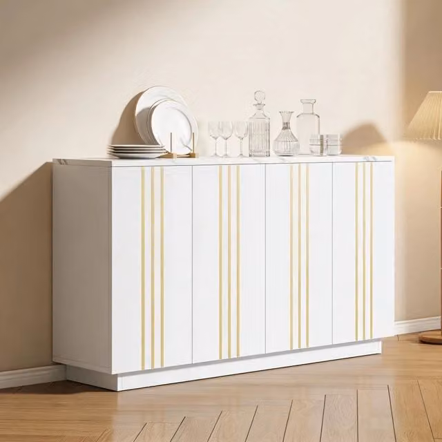 Credenza OKWISH per soggiorno e ingresso con 4 ante e ripiani regolabili, finitura lucida bianca e oro, L: 140 cm, P: 35 cm, H: 70 cm