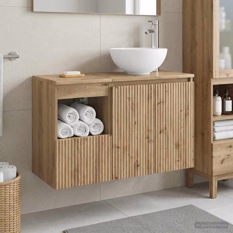 Set di mobili da bagno moderni vidaXL in legno color rovere marrone composto da mobile lavabo e pensile a parete L/P/H: 80,0 x 49,5 x 41,0 cm e 41,0 x 31,71 x 49,5 cm