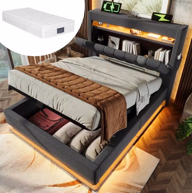 Letto singolo imbottito 90x200 cm con testiera contenitore, luci LED, ricarica USB e Type-C, colore grigio in lino, con materasso incluso