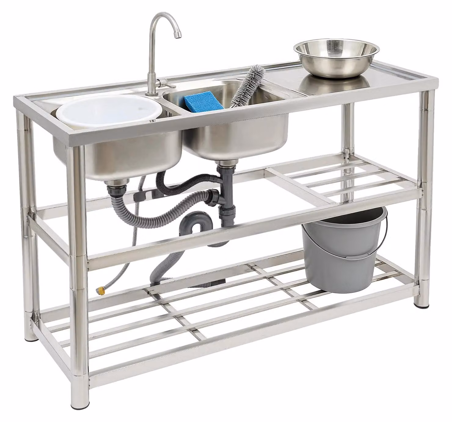 Lavello da cucina a due vasche, dimensioni 120*45*80 cm, dimensioni delle vasche 33*33 cm, capacità di carico 100 kg, installazione a pavimento, rotazione del rubinetto a 360°
