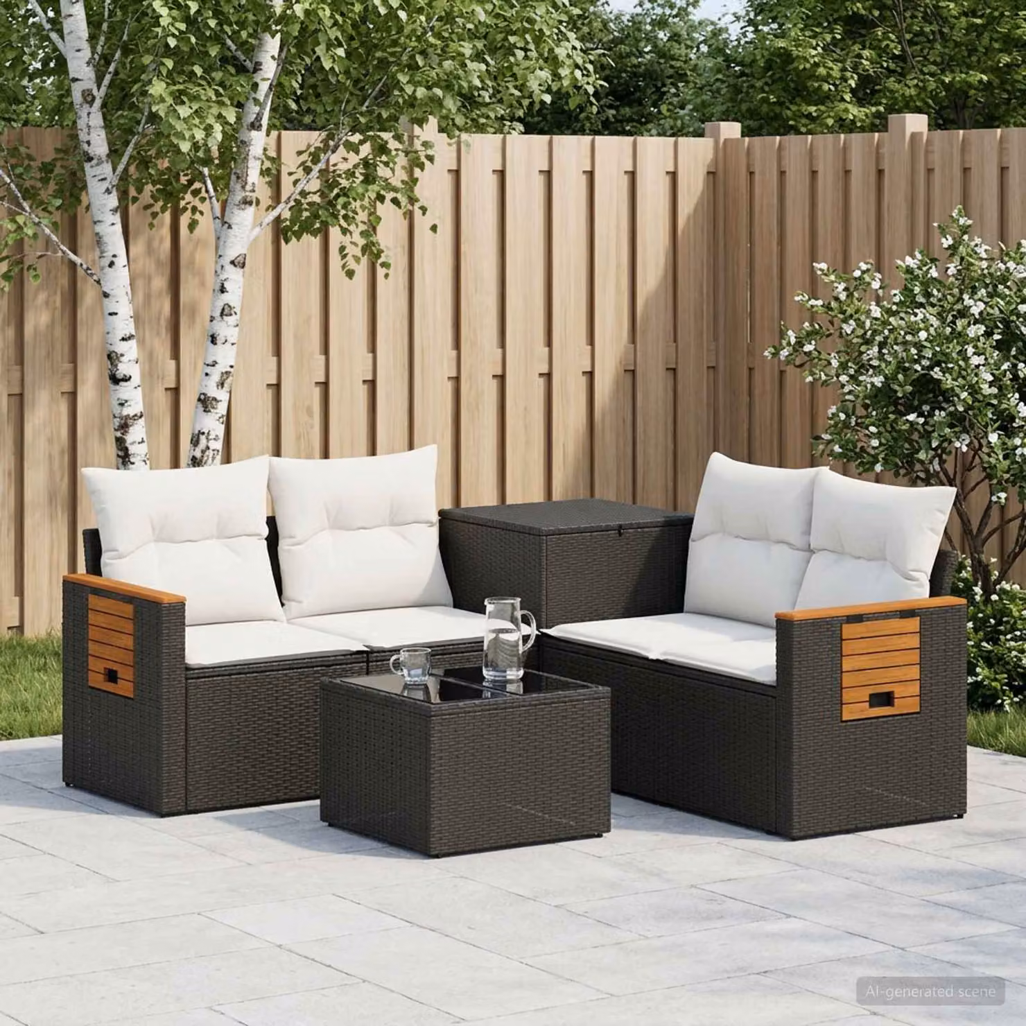 Set di divani da giardino vidaXL in polyrattan a forma di L con tavolo da caffè, nero e bianco