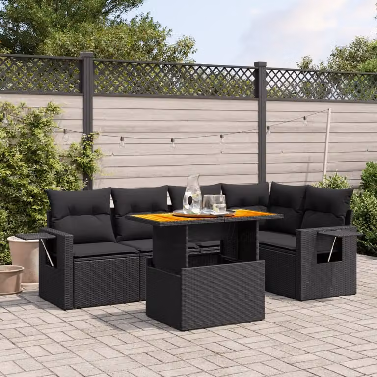 vidaXL Set Divano da Giardino a L 6 pz in Polyrattan Nero con Cuscini e Tavolino da Esterno