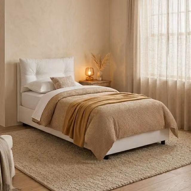 Letto singolo contenitore Sabazia Talamo Italia con materasso incluso, rivestimento in tessuto bianco, L/P: 80 x 190 cm – 1