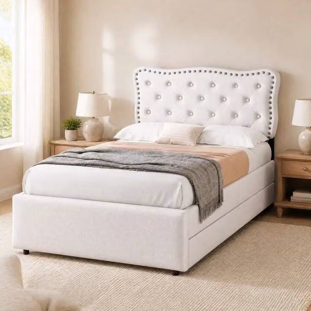 Letto imbottito 90 x 200 cm con 2 cassetti; testiera regolabile in lino e MDF; beige chiaro