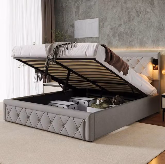 Letto imbottito con vano contenitore, LED, USB e rete a doghe in legno, lino grigio