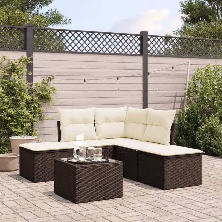 vidaXL Set Divano da Giardino 6 pz a L con Cuscini Marrone e Bianco in Polyrattan e Metallo
