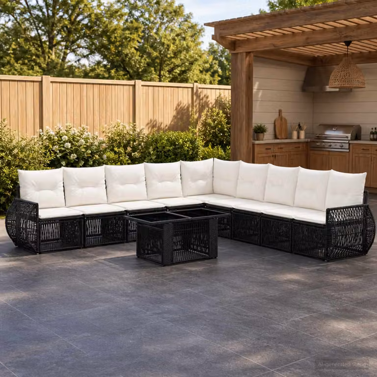 Set Divano da Giardino vidaXL 10 Pezzi a Forma di U in Polyrattan con Cuscini, Tavolino e Struttura in Acciaio, Colore Nero e Bianco Crema