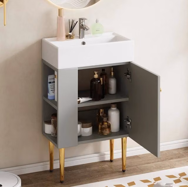 Mobile bagno da terra con lavabo integrato; ripiani laterali grigio e bianco HOMVRA