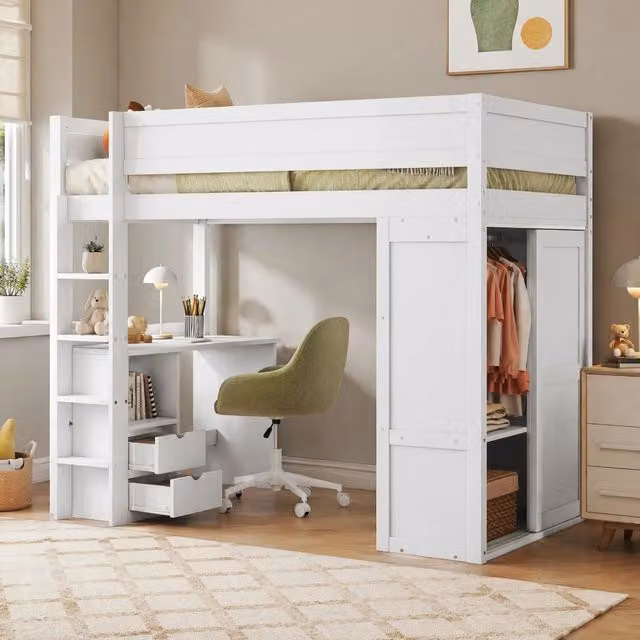 Letto a soppalco 90x200 cm per bambini con armadio, scrivania e cassetti, colore bianco