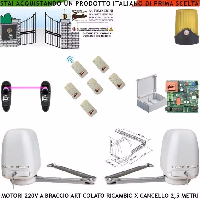 Automazione 2 Motori Braccio Articolato 220 V 250 NM Cancello Elettrico 5 Metri 2 Ante da 0,5 a 2,5 Metri Centrale CBR 6 Radiocomandi Fotocellule Selettore