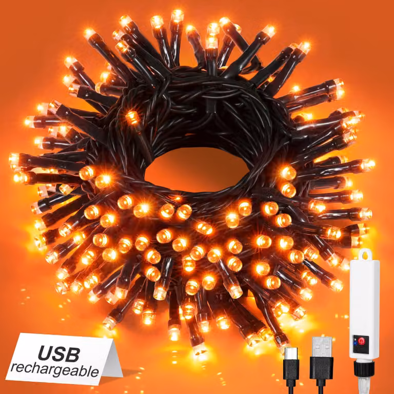 Catena luminosa a tema Halloween, 10 metri, 100 LED, arancione, ricaricabile, con timer