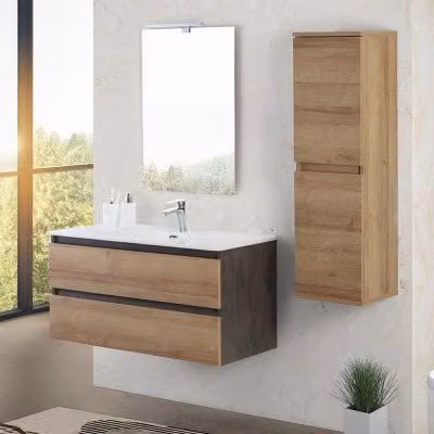 Mobile bagno sospeso Kleo Inbagno in rovere e marrone con cassetti e ante soft-close L: 100 cm – 1