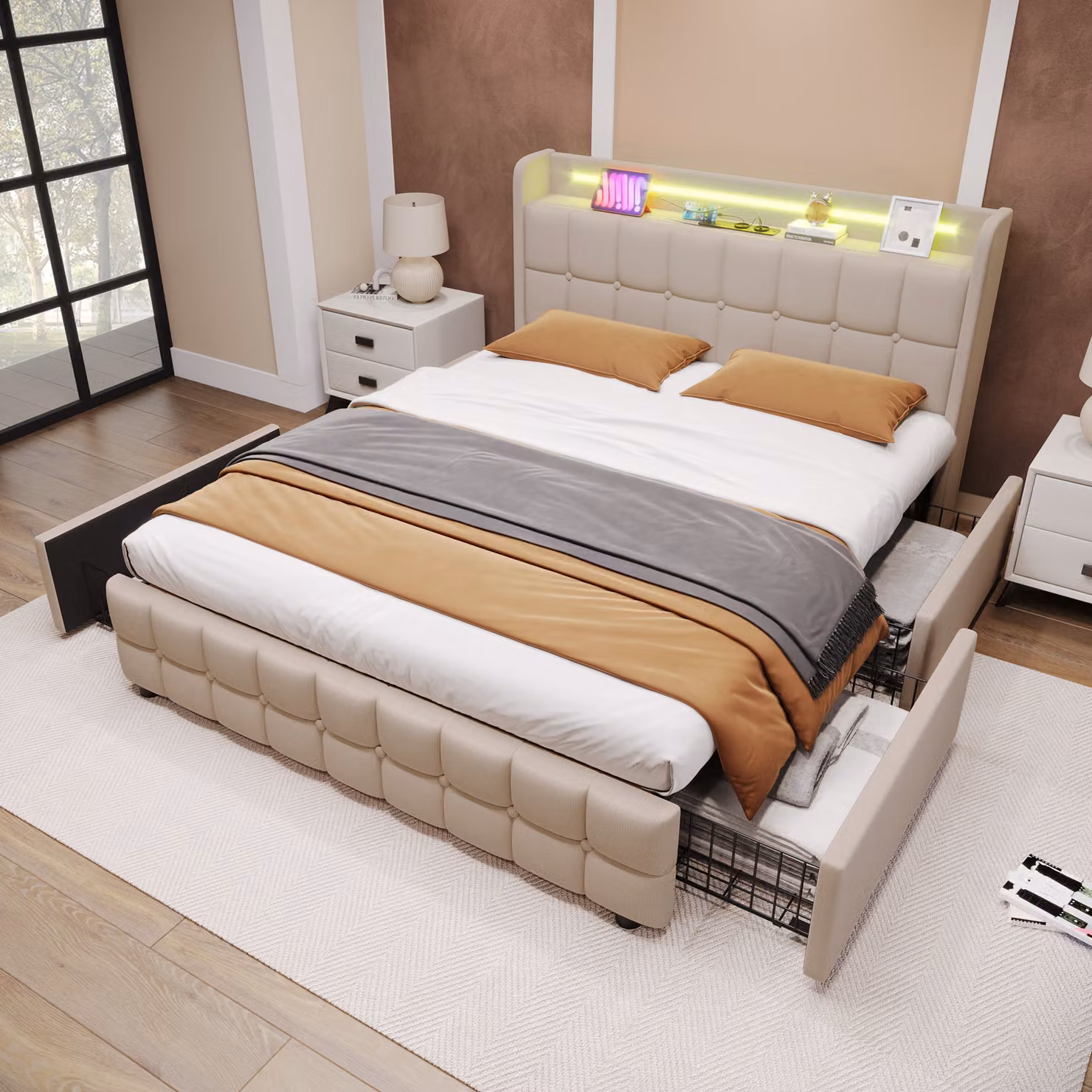MODFU letti imbottiti 180 x 200 cm, letto matrimoniale funzionale con funzione di ricarica USB, illuminazione a LED e 2 cassetti (senza materasso), beige