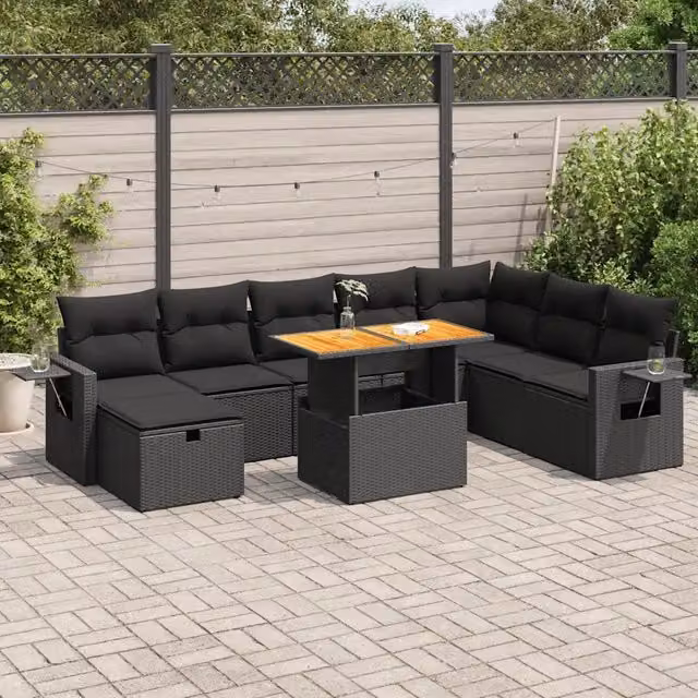 Set Divani da Giardino 9 pz con Cuscini Nero Polyrattan Acacia 3328042