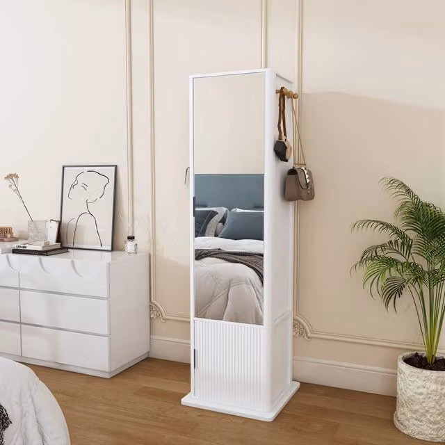 Armadietto a specchio girevole 360 gradi con portagioie ripiani 6 ganci per camera in MDF bianco 50 × 50 × 170 cm