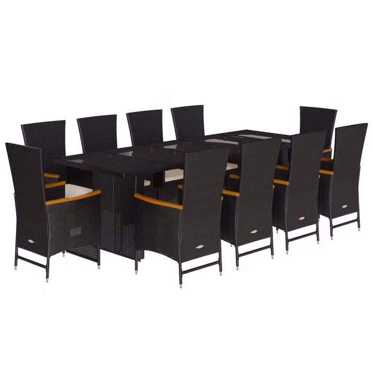 Set da Pranzo da Giardino 11 pz con Cuscini in Polyrattan Nero