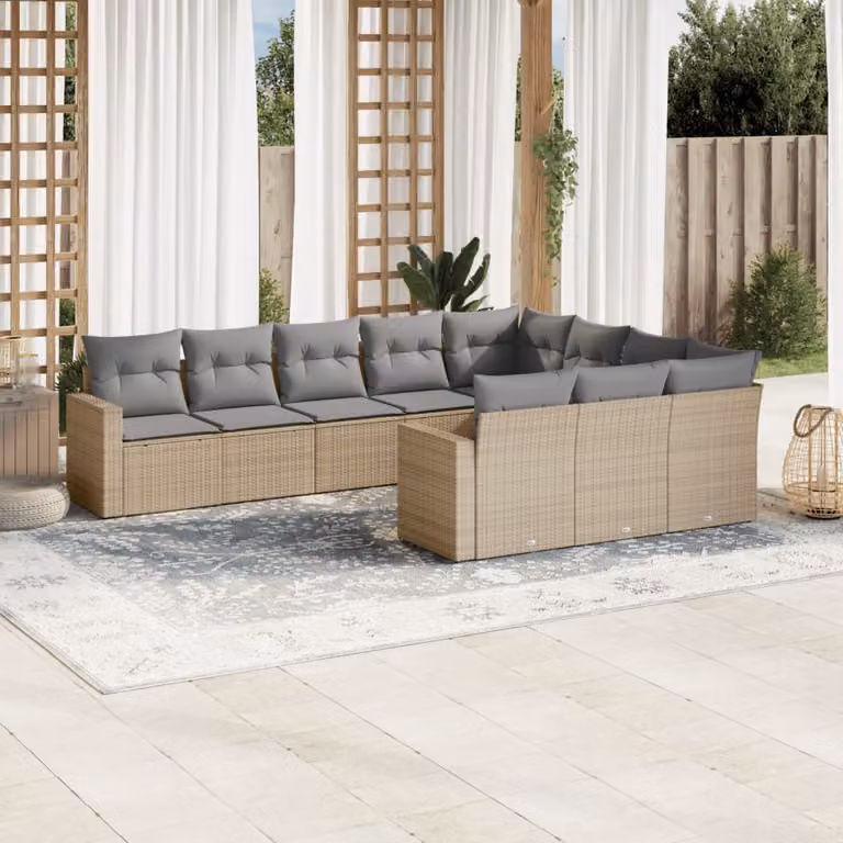 vidaXL Set Divano da Giardino 10 pz in Polyrattan con Cuscini Beige e Struttura in Acciaio Verniciato a Polvere