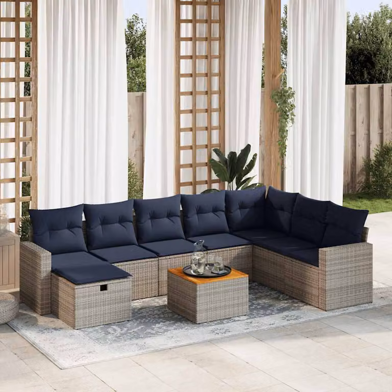 Set Divano da Giardino a L vidaXL 9 pz con Cuscini e Tavolino, Polyrattan Grigio con Struttura in Acciaio e Sedute in Schiuma