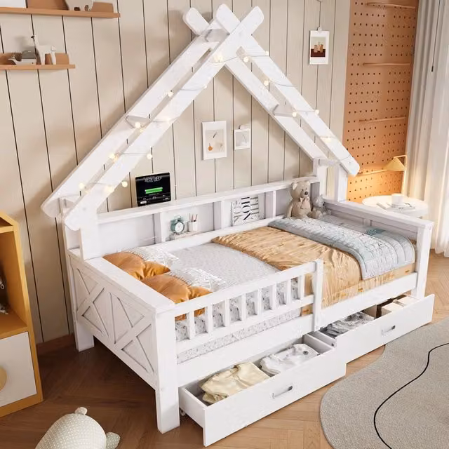 Letto casetta per bambini 90 × 200 cm con LED, mensole e 2 cassetti, barriera di sicurezza, senza materasso, bianco