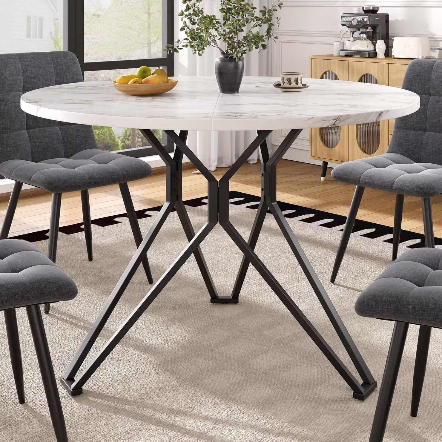 Tavolo rotondo da pranzo, 100 x 100 x 76 cm, tavolo per 4 persone, piano in MDF con effetto marmo, gambe in metallo, piedini regolabili, colore nero, tavolo da cucina