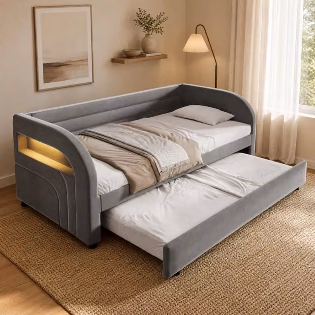 Letto imbottito moderno con cassetti e illuminazione LED in tessuto grigio, L/P/H: 90 x 200 cm