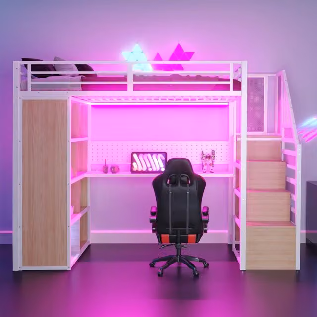 Letto a soppalco singolo 90×200 cm con scala contenitore, scrivania e LED, senza materasso, metallo e legno, bianco