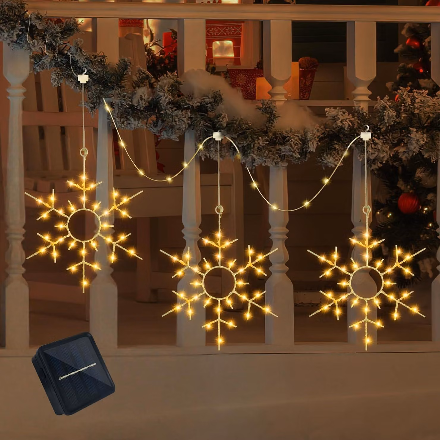 Catena luminosa solare a forma di fiocchi di neve, confezione da 3 pezzi, lunghezza 4 metri, luce bianco caldo, LED