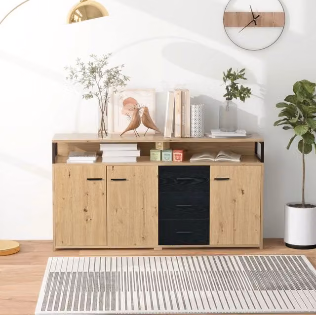 Credenza nera e legno con 3 ante e 3 cassetti