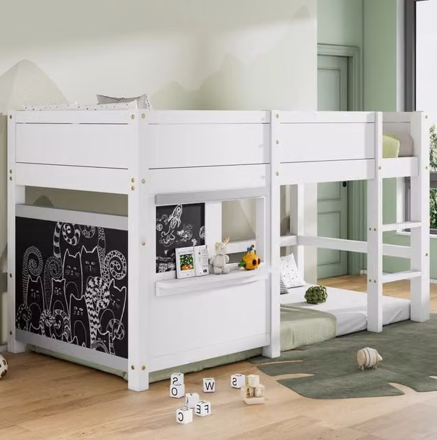 Letto a casetta per bambini 90x200 cm con lavagne e scaletta in legno di pino bianco