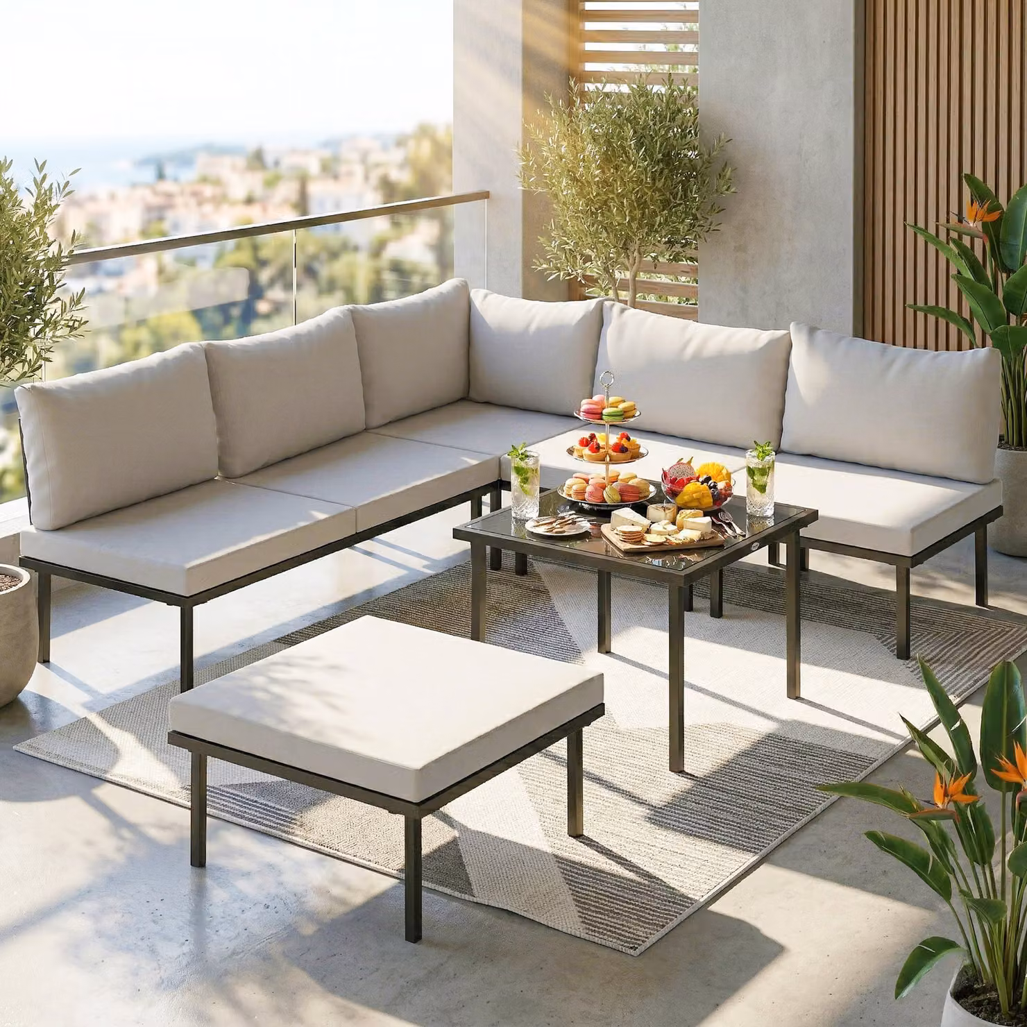 Set Mobili da Giardino Outsunny in Metallo per 6 Persone con Divano Angolare e Cuscini, Grigio Chiaro – 2